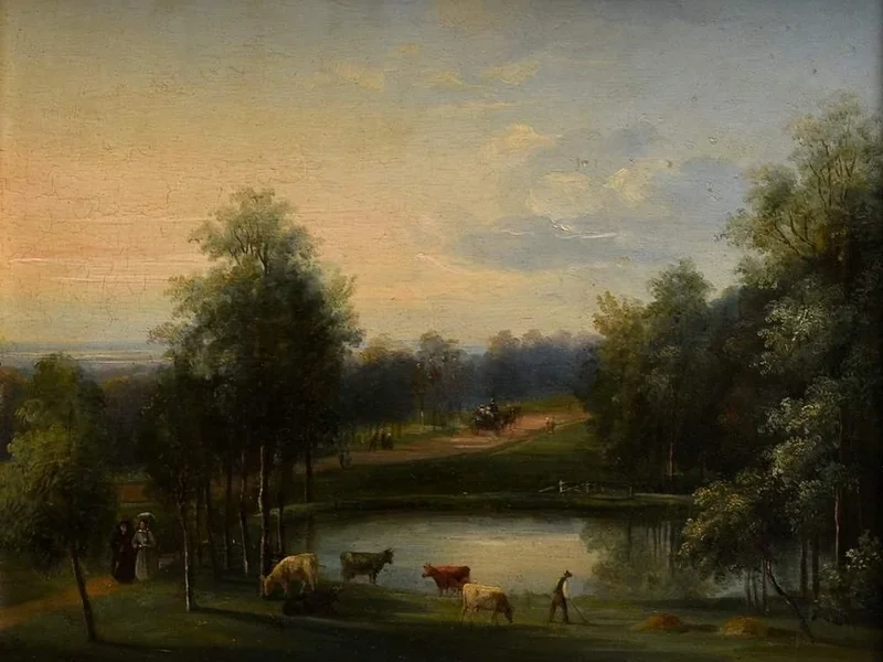 1773-Adrianus Serné - Lago del parco con mucche e passanti